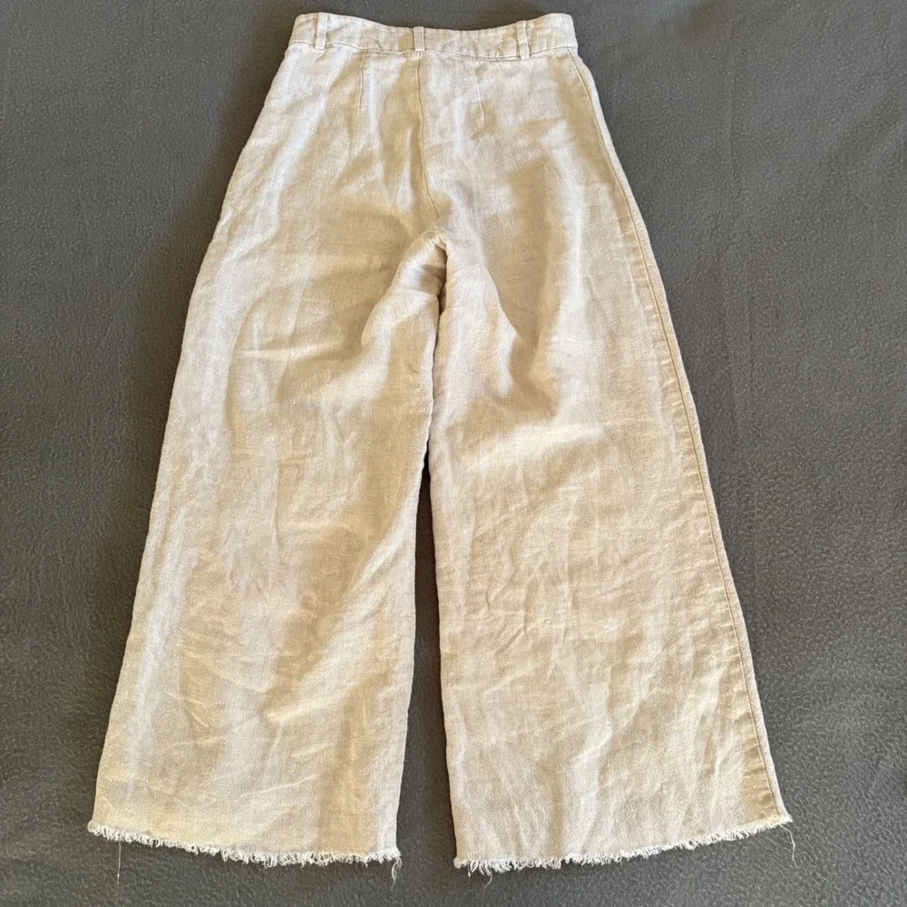 Reformation Wide Leg Pants Womens 0 Beige Linen High Rise Raw Hem Cropped Baggy